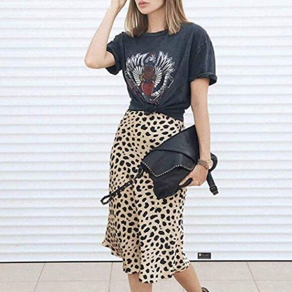 New Leopard Midi Skirt Waistband Silk Satin Skirts - Picture 3 of 8